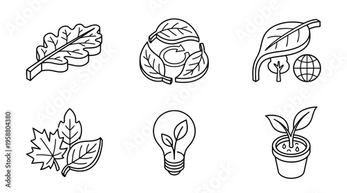 eco leaf , 6 black line isometric 3d vector collection , white background , PNG and SVG isolate