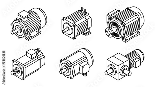 electric motor , 6 black line isometric 3d vector collection , white background , PNG and SVG isolate