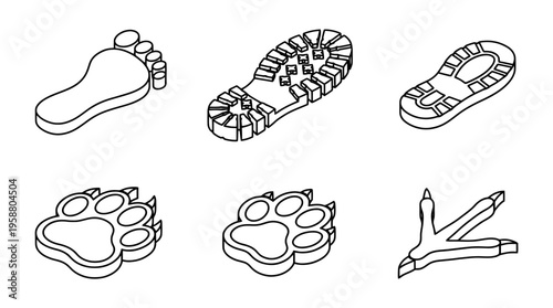 footprint , 6 black line isometric 3d vector collection , white background , PNG and SVG isolate