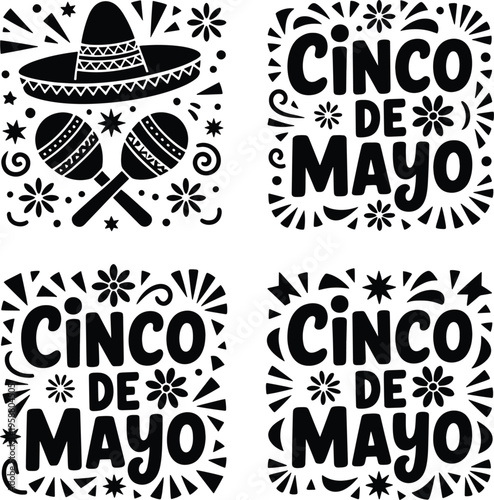 a set of four black and white graphics for cinco de mayo featuring a sombrero maracas and festive text