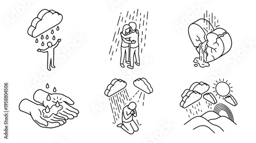 forgiveness rain , 6 black line isometric 3d vector collection , white background , PNG and SVG isolate
