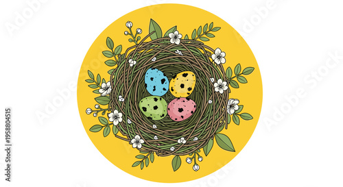 A detailed illustration shows a bird's nest containing four colorful speckled eggs, surrounded by foliage and small white flowers, centered on a bright yellow circle.