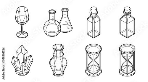 fragile glass , 6 black line isometric 3d vector collection , white background , PNG and SVG isolate