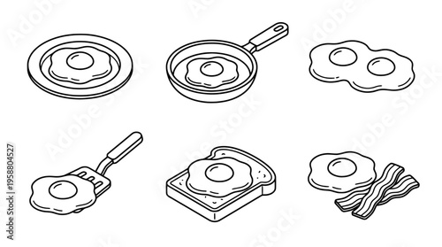 fried egg , 6 black line isometric 3d vector collection , white background , PNG and SVG isolate