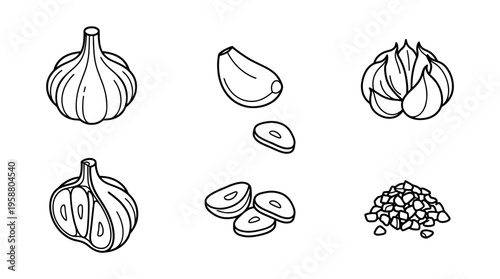 garlic , 6 black line isometric 3d vector collection , white background , PNG and SVG isolate