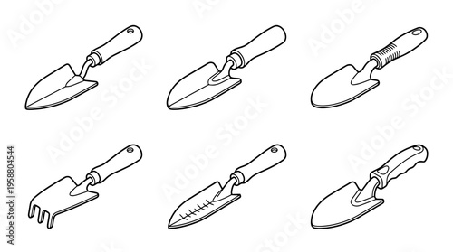 garden trowel , 6 black line isometric 3d vector collection , white background , PNG and SVG isolate