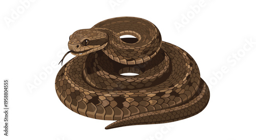 A brown snake with intricate scale patterns is coiled tightly with its tongue flicking on a plain white background.