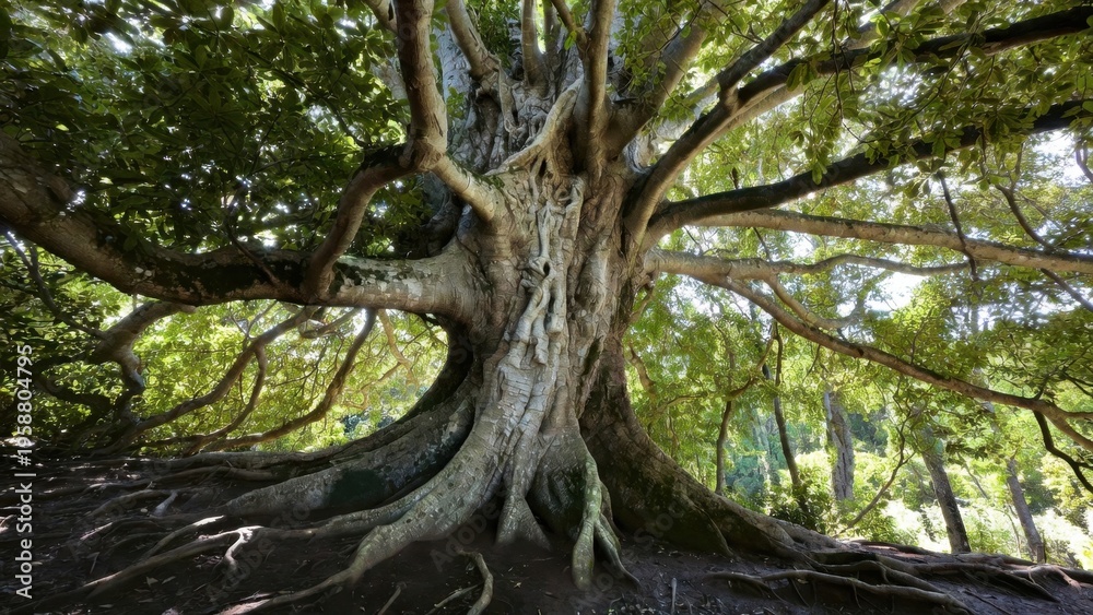 Fototapeta premium Wide trunk tree with twisting branches in shaded grove
