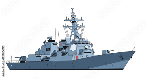 A modern gray warship with an intricate superstructure and weapon systems is depicted in profile against a plain white background.