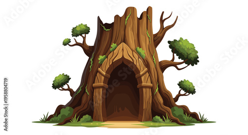 A large, ancient tree stump with gnarled roots and an arched doorway is adorned with green leaves against a plain white background.