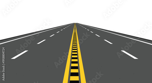 A long, straight asphalt road with double yellow and dashed white lines extends into the distance under an empty white sky.