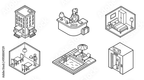 hotel , 6 black line isometric 3d vector collection , white background , PNG and SVG isolate