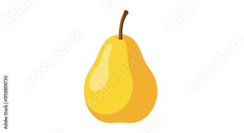 A single, ripe yellow pear with a slender brown stem is centrally depicted against a stark white background.