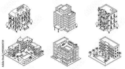 hotel building , 6 black line isometric 3d vector collection , white background , PNG and SVG isolate