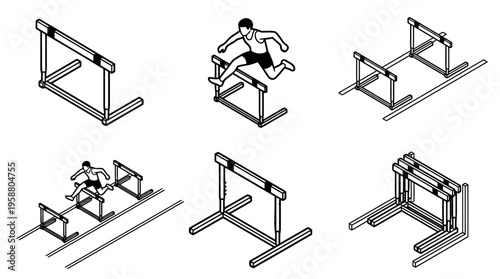 hurdles , 6 black line isometric 3d vector collection , white background , PNG and SVG isolate