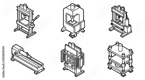 hydraulic press , 6 black line isometric 3d vector collection , white background , PNG and SVG isolate