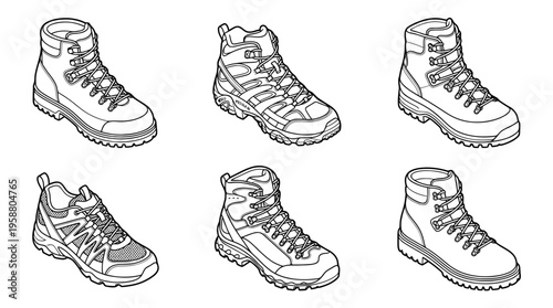hiking boots , 6 black line isometric 3d vector collection , white background , PNG and SVG isolate