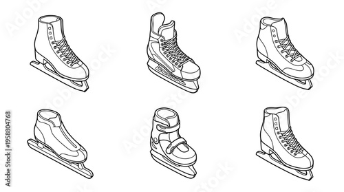 ice skate , 6 black line isometric 3d vector collection , white background , PNG and SVG isolate