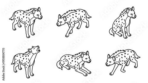 hyena , 6 black line isometric 3d vector collection , white background , PNG and SVG isolate