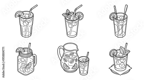iced tea , 6 black line isometric 3d vector collection , white background , PNG and SVG isolate