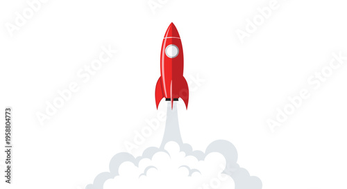 A bright red rocket with a small window is depicted launching vertically upwards, emitting white smoke against a clean white background.
