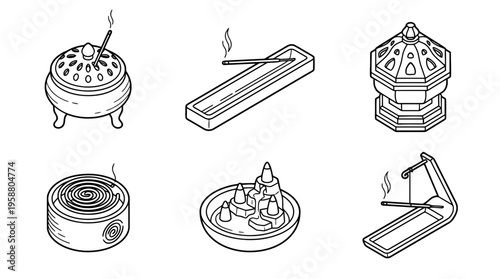 incense burner , 6 black line isometric 3d vector collection , white background , PNG and SVG isolate