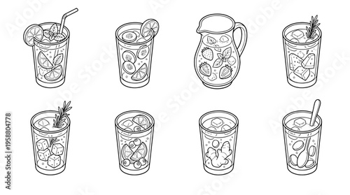 infused water , 6 black line isometric 3d vector collection , white background , PNG and SVG isolate