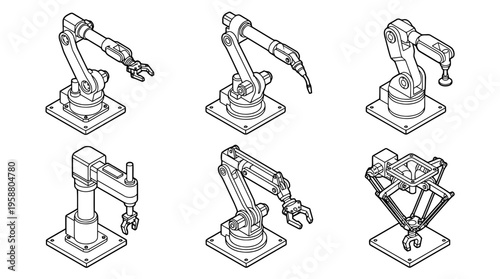 industrial robot arm , 6 black line isometric 3d vector collection , white background , PNG and SVG isolate