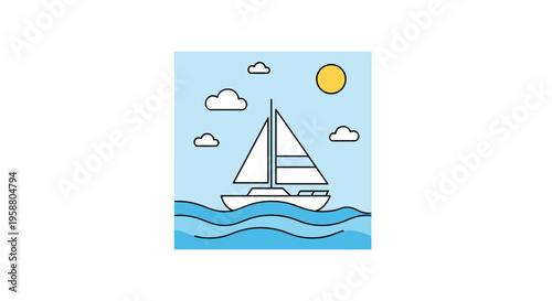 A white sailboat with blue stripes sails on wavy blue water under a light blue sky with clouds and a sun.