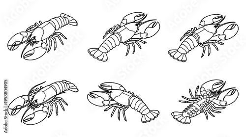 lobster , 6 black line isometric 3d vector collection , white background , PNG and SVG isolate