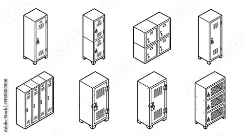locker , 6 black line isometric 3d vector collection , white background , PNG and SVG isolate
