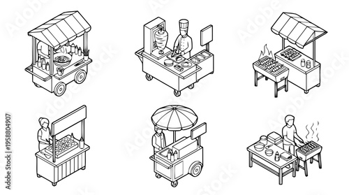 local street food , 6 black line isometric 3d vector collection , white background , PNG and SVG isolate