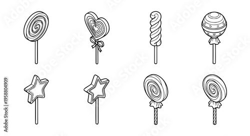 lollipop , 6 black line isometric 3d vector collection , white background , PNG and SVG isolate