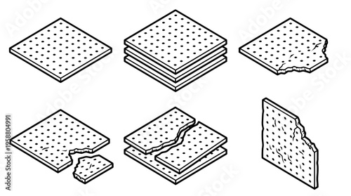 matzo , 6 black line isometric 3d vector collection , white background , PNG and SVG isolate