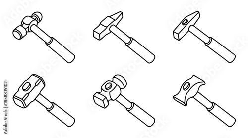 metalworking hammer , 6 black line isometric 3d vector collection , white background , PNG and SVG isolate