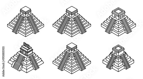 mayan temple , 6 black line isometric 3d vector collection , white background , PNG and SVG isolate