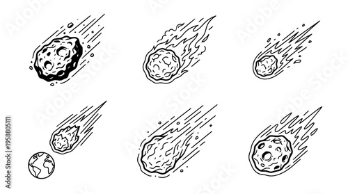 meteorite , 6 black line isometric 3d vector collection , white background , PNG and SVG isolate