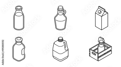 milk bottle , 6 black line isometric 3d vector collection , white background , PNG and SVG isolate