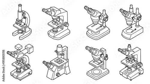 microscope , 6 black line isometric 3d vector collection , white background , PNG and SVG isolate