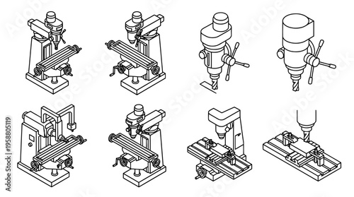 milling machine , 6 black line isometric 3d vector collection , white background , PNG and SVG isolate
