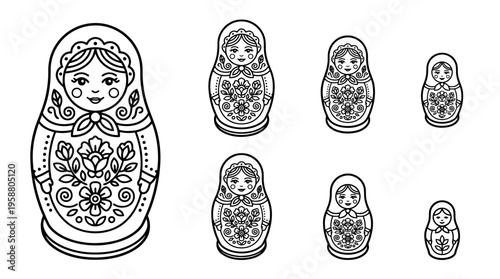 matryoshka doll , 6 black line isometric 3d vector collection , white background , PNG and SVG isolate