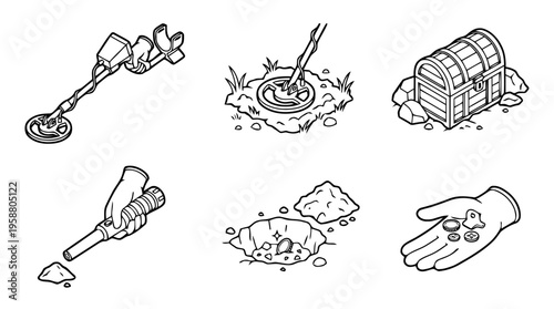 metal detecting , 6 black line isometric 3d vector collection , white background , PNG and SVG isolate