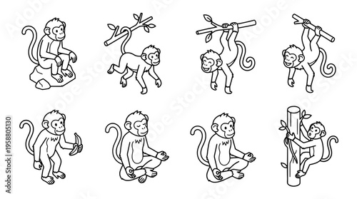 monkey , 6 black line isometric 3d vector collection , white background , PNG and SVG isolate