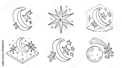 moon and stars , 6 black line isometric 3d vector collection , white background , PNG and SVG isolate