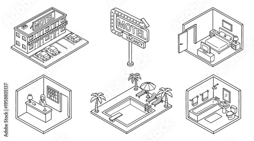 motel , 6 black line isometric 3d vector collection , white background , PNG and SVG isolate