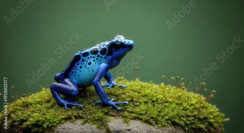 Vivid Blue Poison Dart Frog Perched on Mossy Log in Natural Habitat