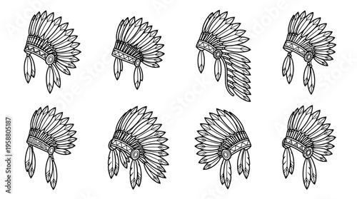 native american headdress , 6 black line isometric 3d vector collection , white background , PNG and SVG isolate