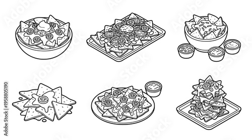 nachos , 6 black line isometric 3d vector collection , white background , PNG and SVG isolate