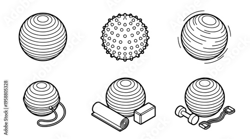 pilates ball , 6 black line isometric 3d vector collection , white background , PNG and SVG isolate
