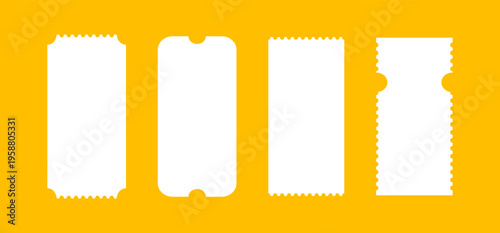 White admit tickets mockups on yellow background. Pattern of ticket for cinema, casino, circus, festival or theater, club. Empty flat template. Boarding blank, lottery, sale coupons.